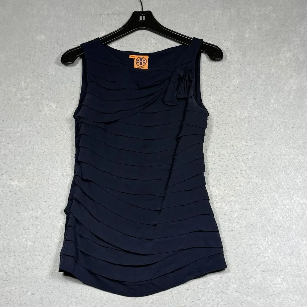 Tory Burch Waltraud Silk Tiered Bow Top Women’s Size 6 Navy Blue Sleeveless